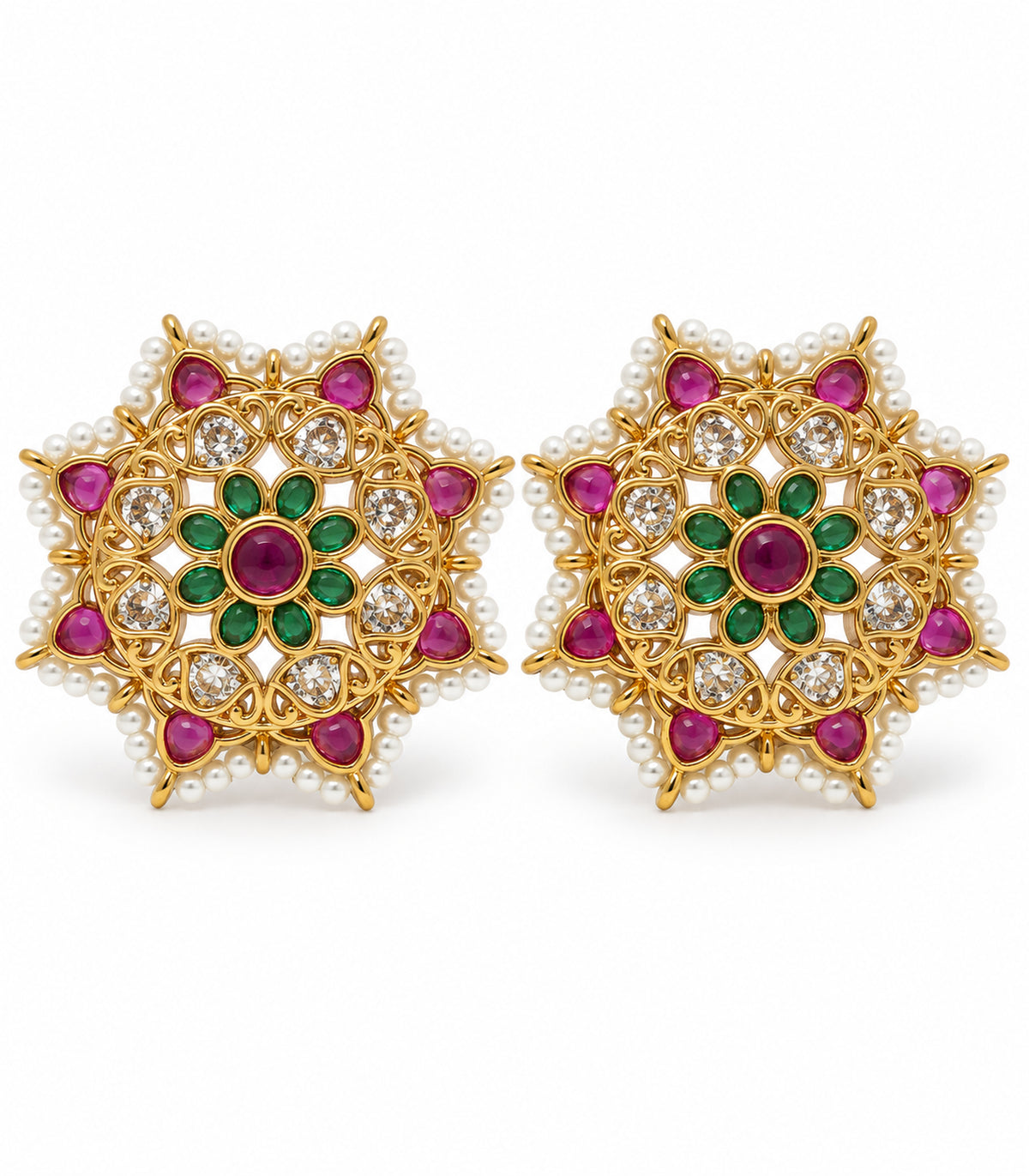 Gold magenta and green eight petal pearl border stud earrings, matching pair on white