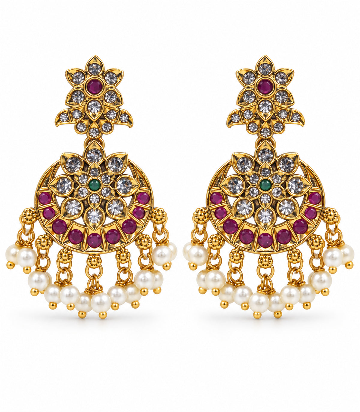 Gold, magenta and green floral pearl chandbali earrings, matching pair on white background