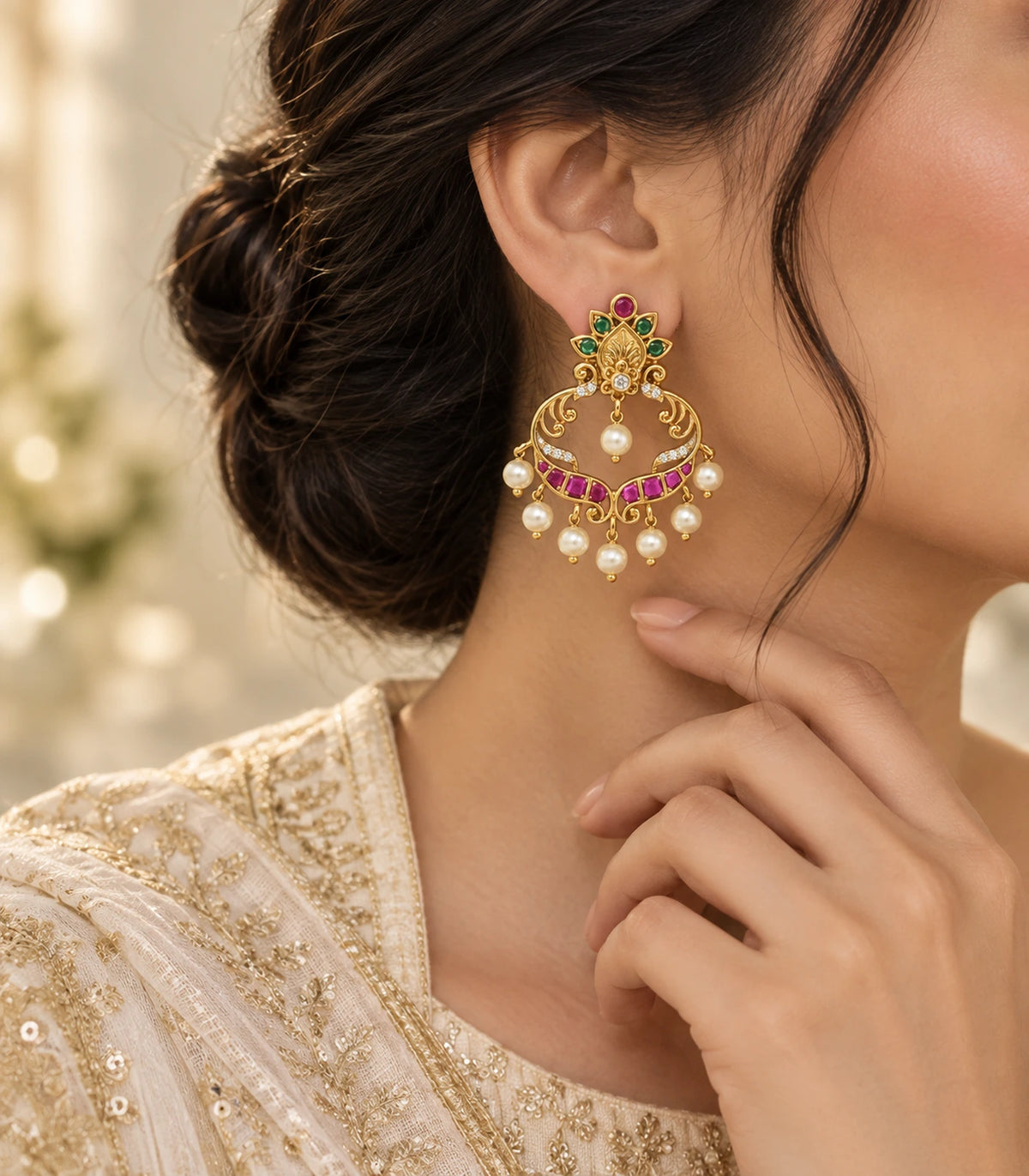 Gold magenta and green pearl-drop earring worn in a distinct editorial side view