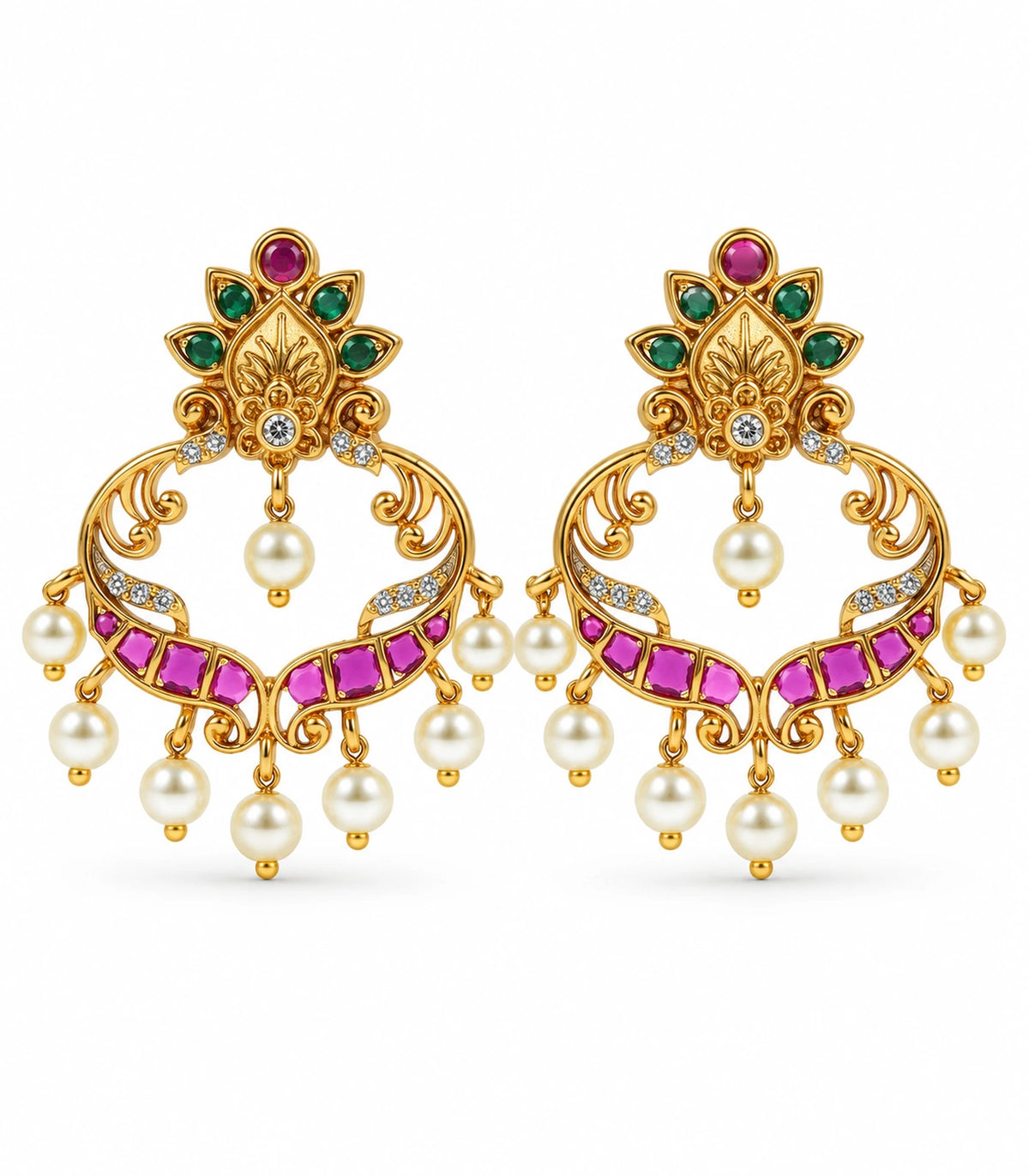 Gold magenta and green floral scroll earrings with pearl drops, complete pair on white background