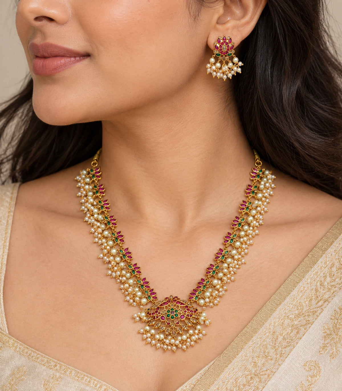 Close view of the matching earring and necklace with magenta and green floral details