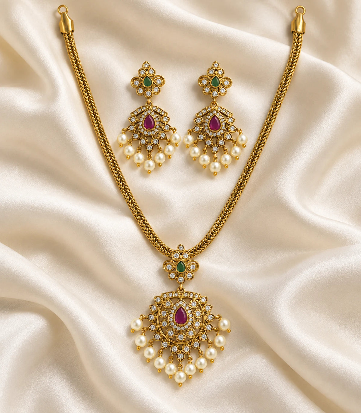 Gold magenta green pearl round pendant necklace set arranged with matching earrings on fabric