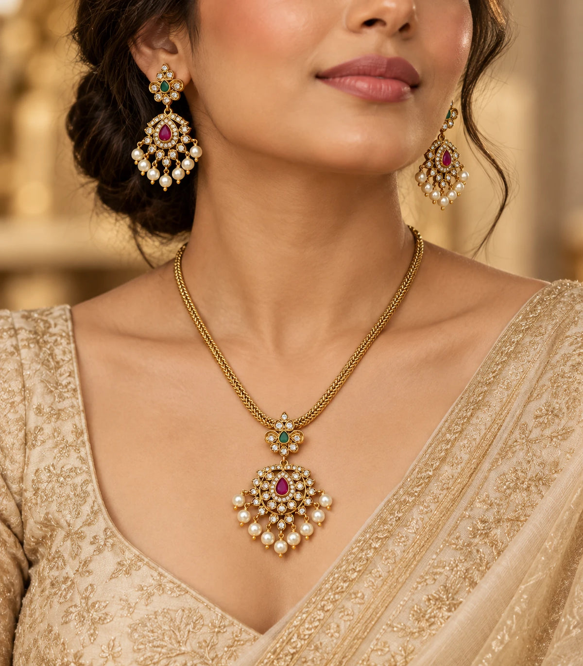 Gold magenta green pearl round pendant necklace set worn in an editorial setting