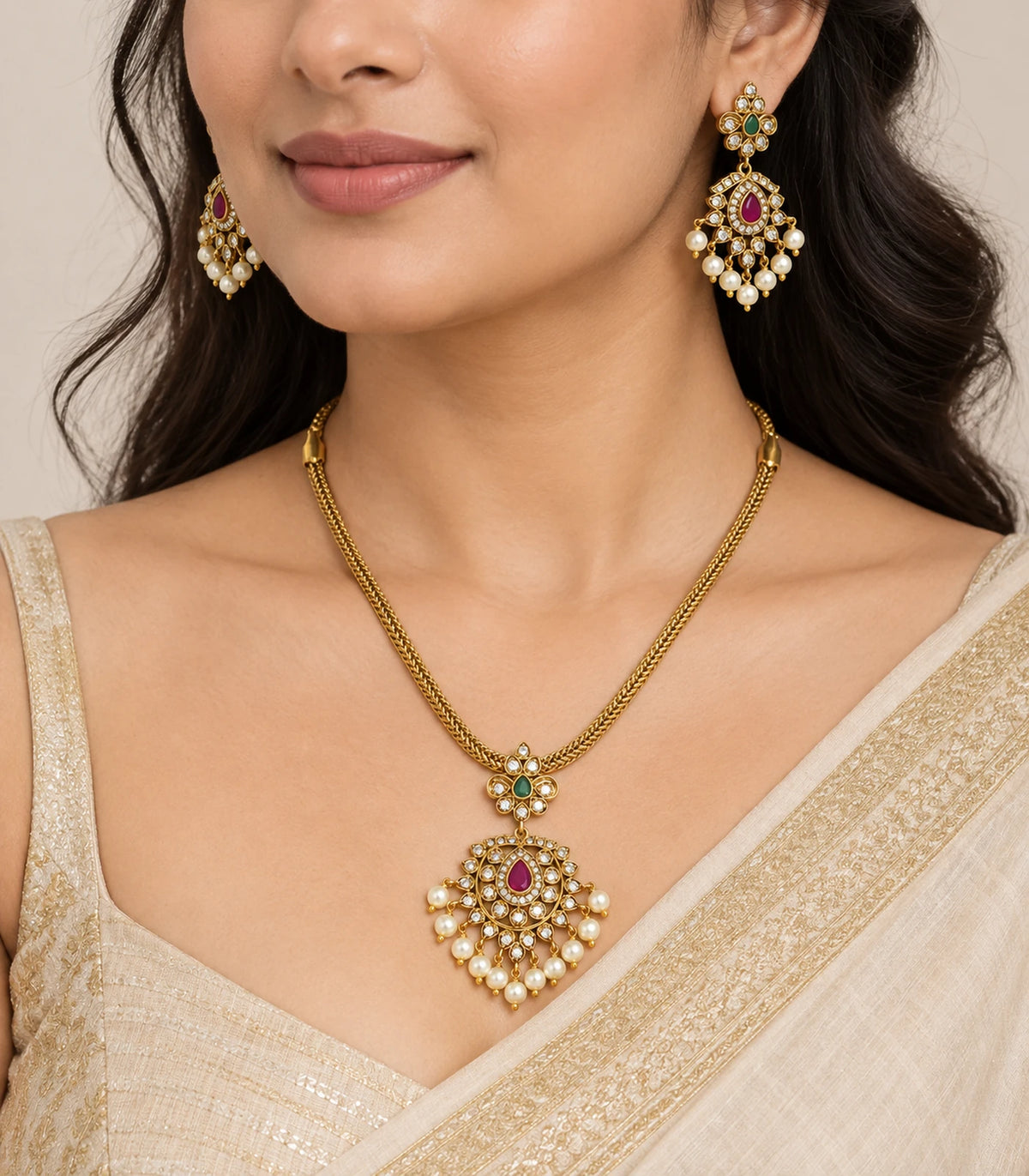 Gold magenta green pearl round pendant necklace set worn with matching earrings