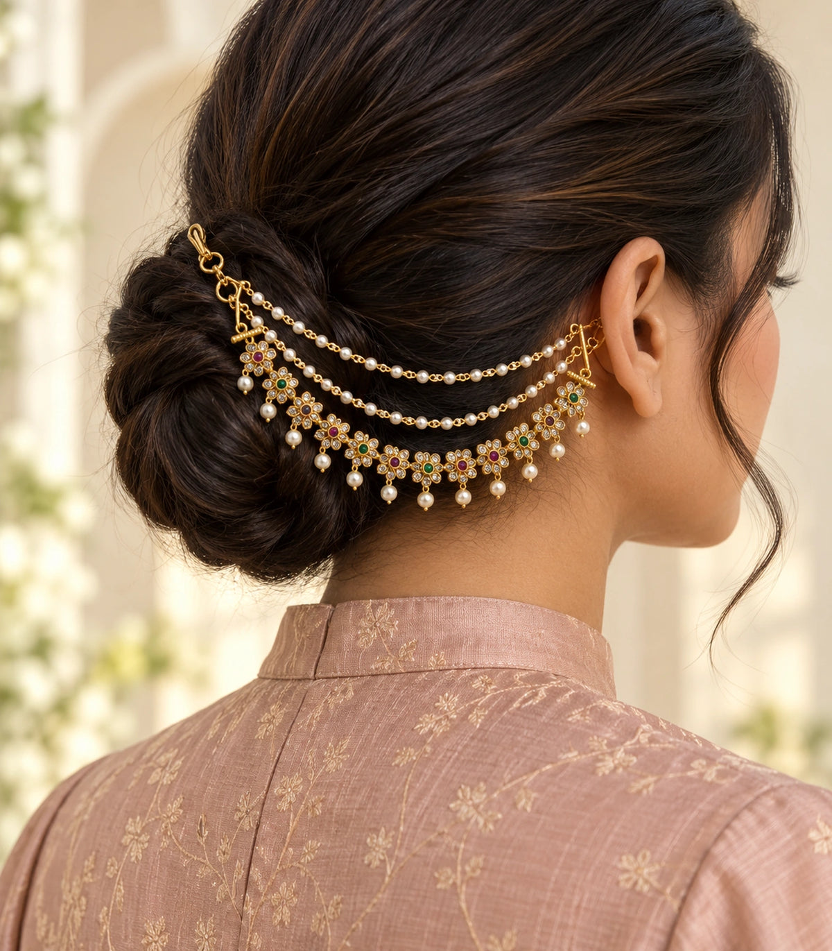 Gold tone floral pearl ear chain worn with a modest rose-beige silk outfit