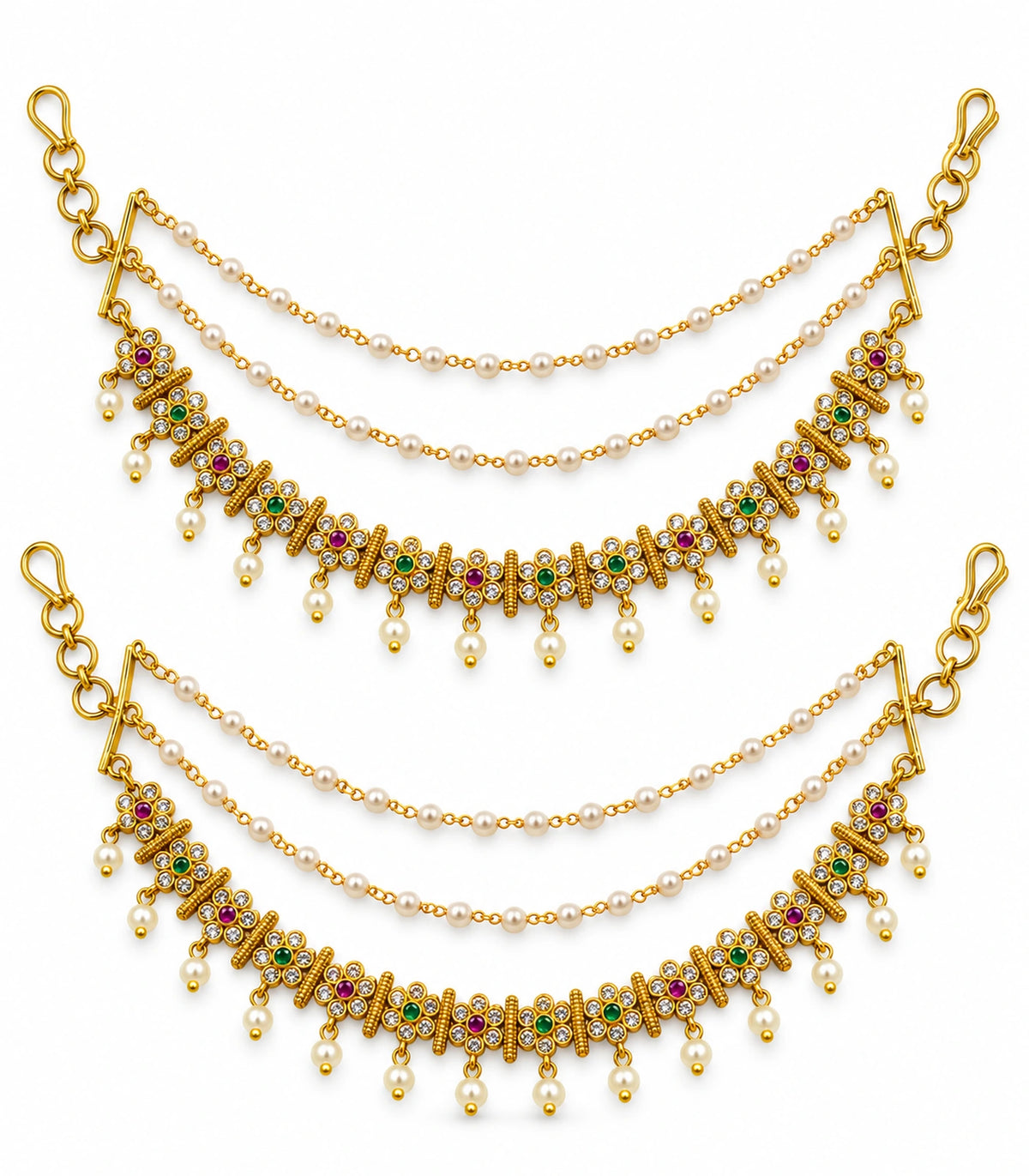 Gold tone magenta and green six-petal pearl ear chain pair on white background