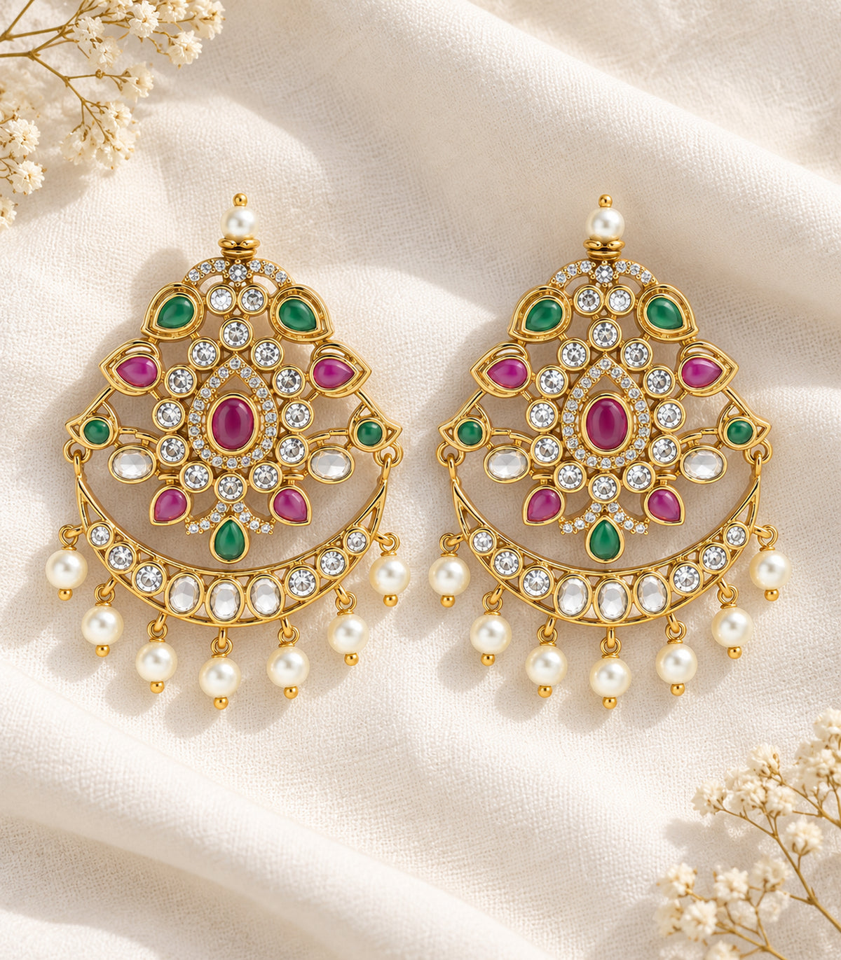Complete pair of gold magenta and green chandbali earrings arranged on ivory fabric