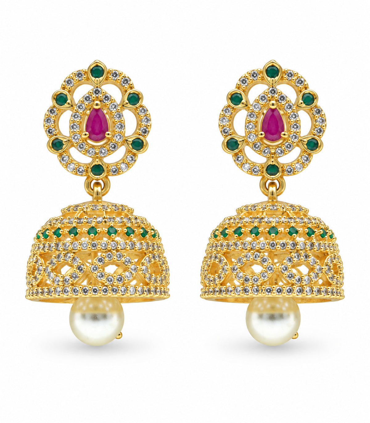 Complete matching pair of gold-tone magenta and green teardrop jhumka earrings with pearl drops on white