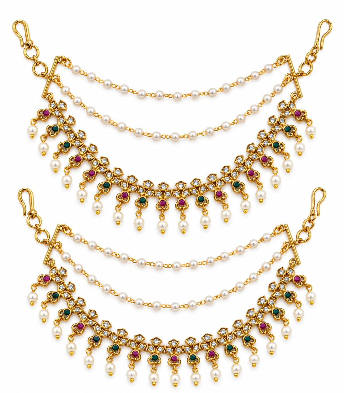 Gold tone magenta green triple-leaf pearl ear chain pair on white background