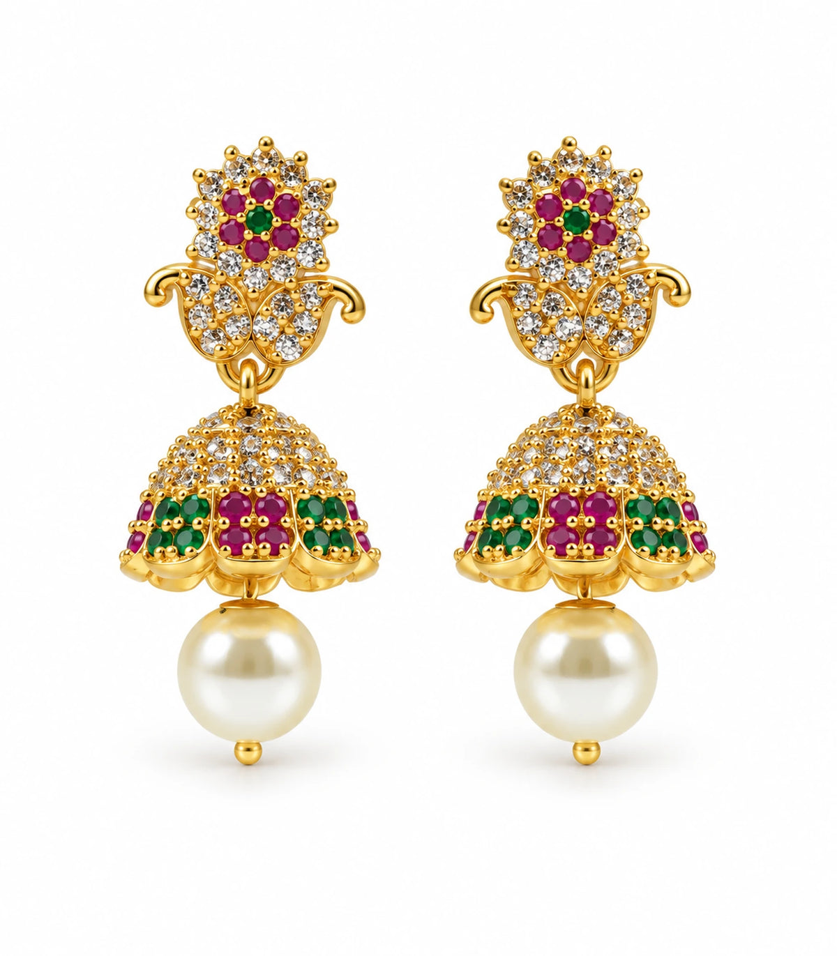 Gold-tone magenta and green earrings, complete pair with floral tops, scrolling connectors, scalloped domes and cream pearl-like drops on white