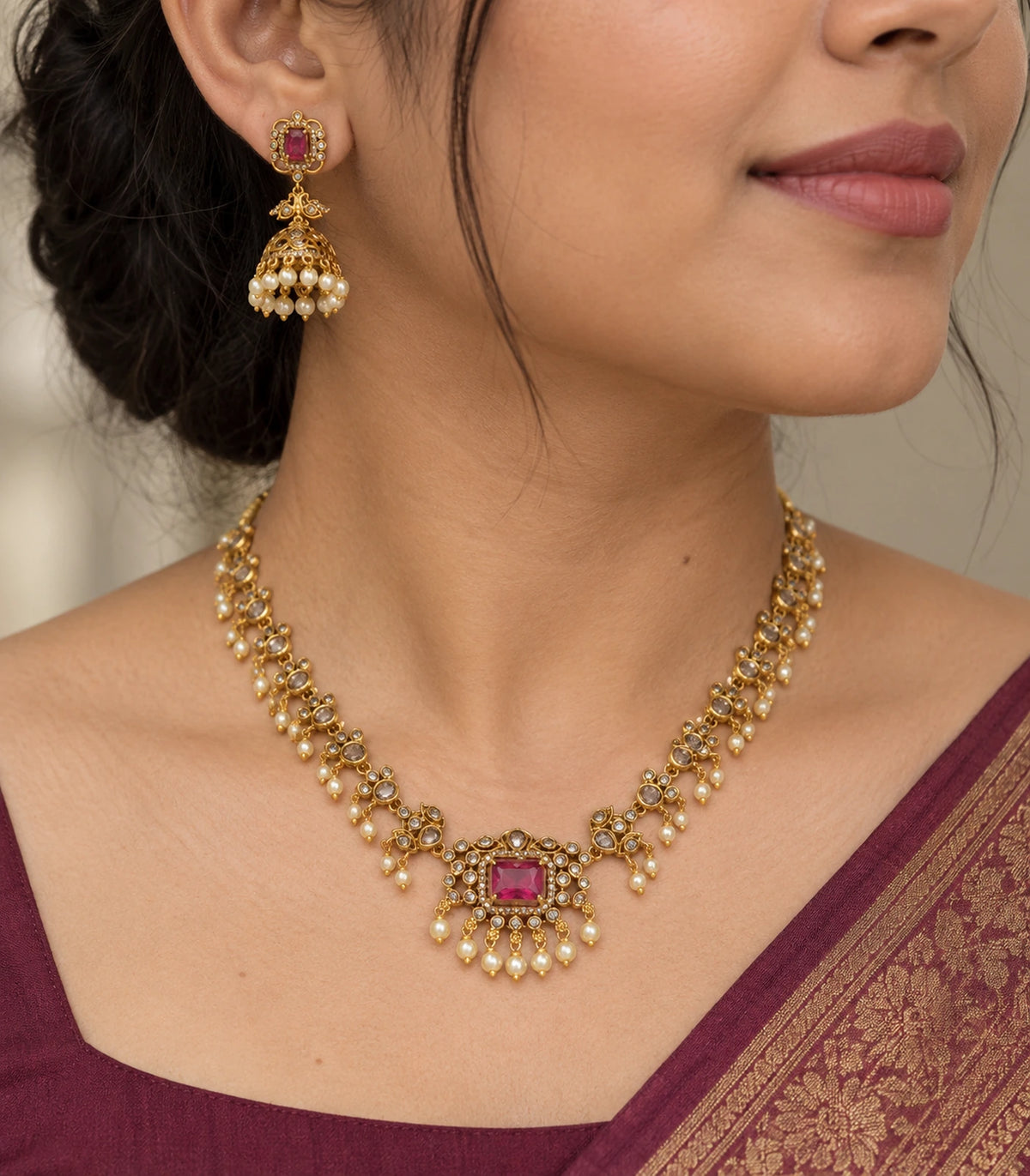 Close view of the magenta kundan necklace and jhumka earring worn with burgundy clothing