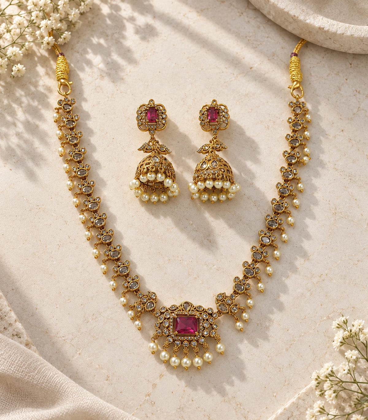 Gold Magenta Kundan necklace and matching jhumka pair arranged on a textured flatlay