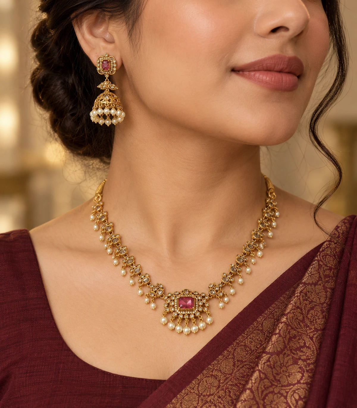 Gold Magenta Kundan necklace and jhumka earring in a three-quarter worn view