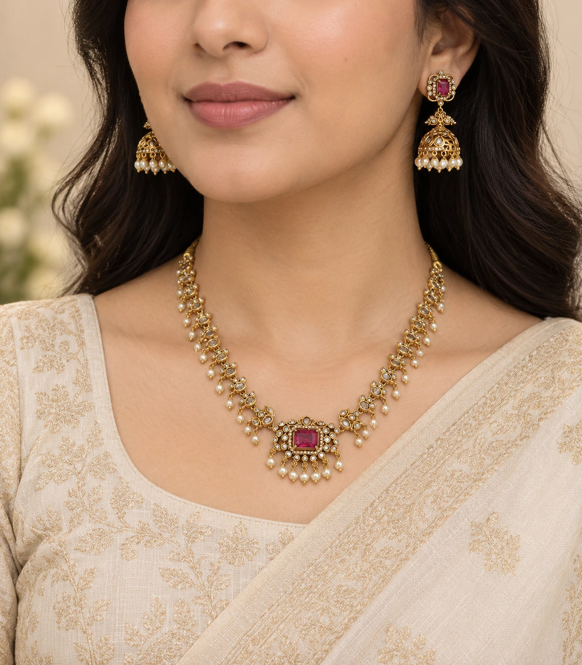 Gold Magenta Kundan necklace set worn with a cream outfit