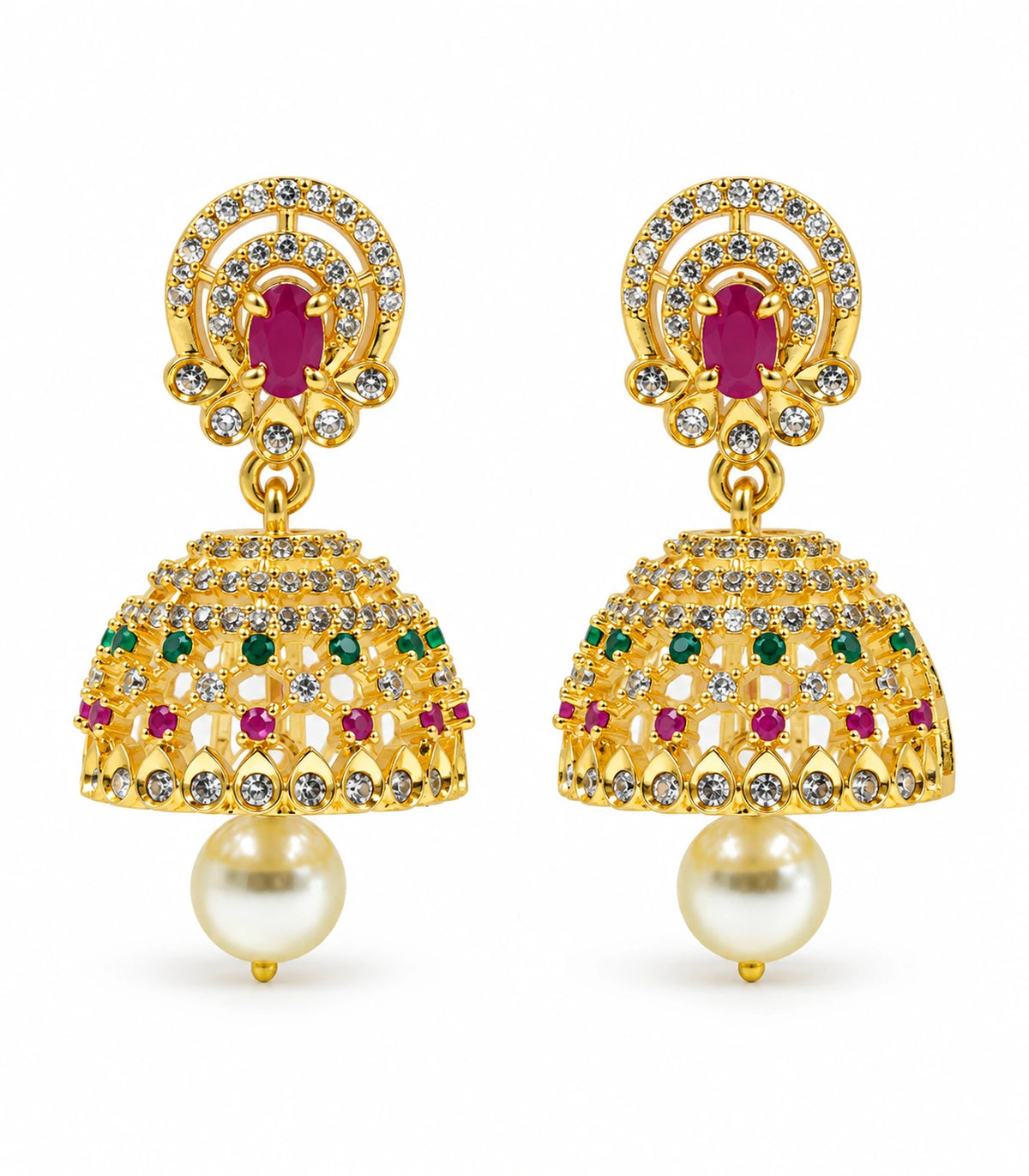 Pair of gold-tone magenta and green jhumka earrings with cream pearl-like drops on a white background