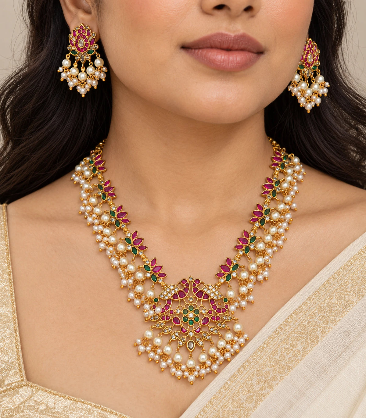 Close view of Gold Magenta Pearl Fringe Necklace Set worn with matching earrings