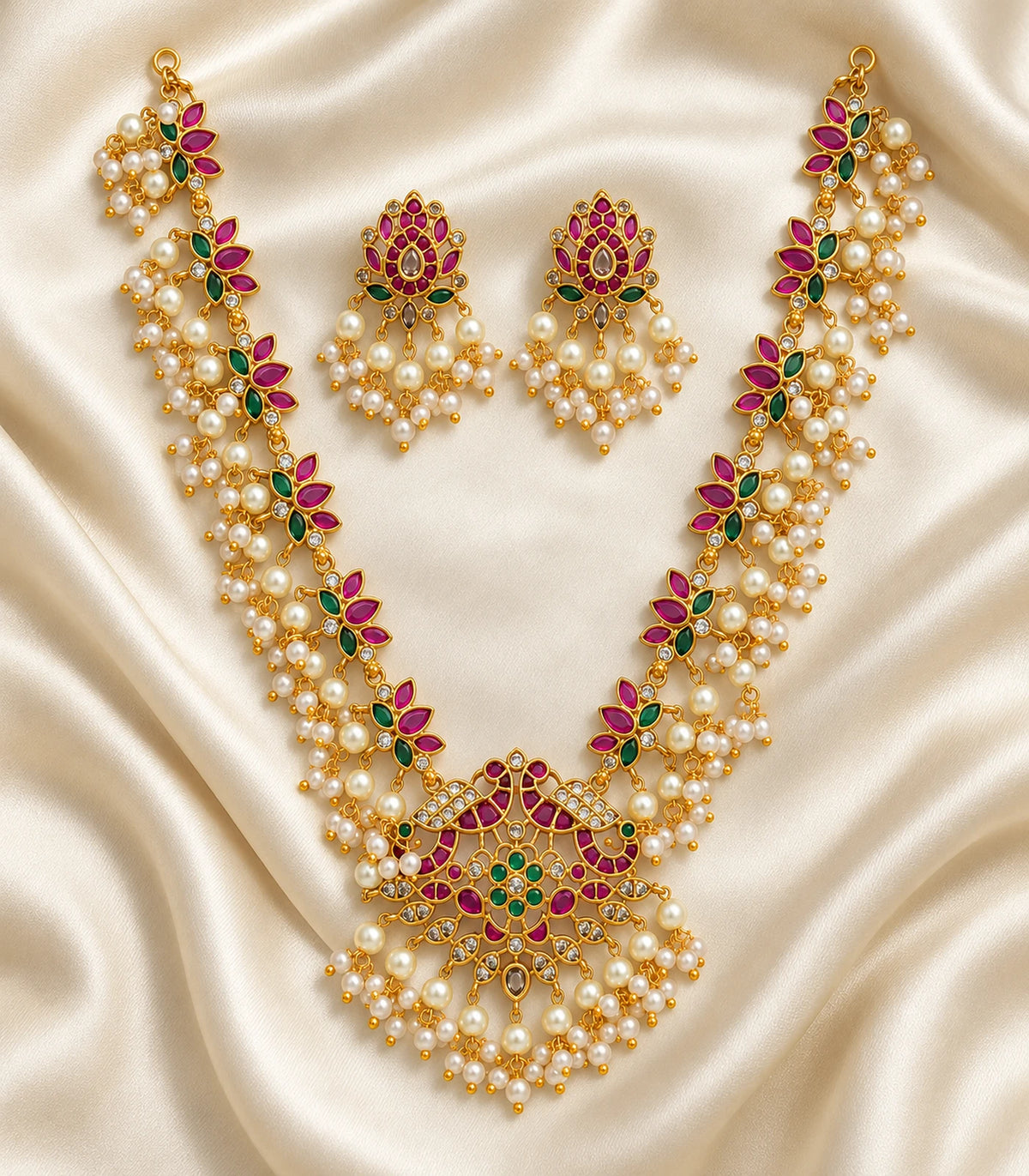 Gold Magenta Pearl Fringe Necklace Set with necklace and two earrings on ivory fabric