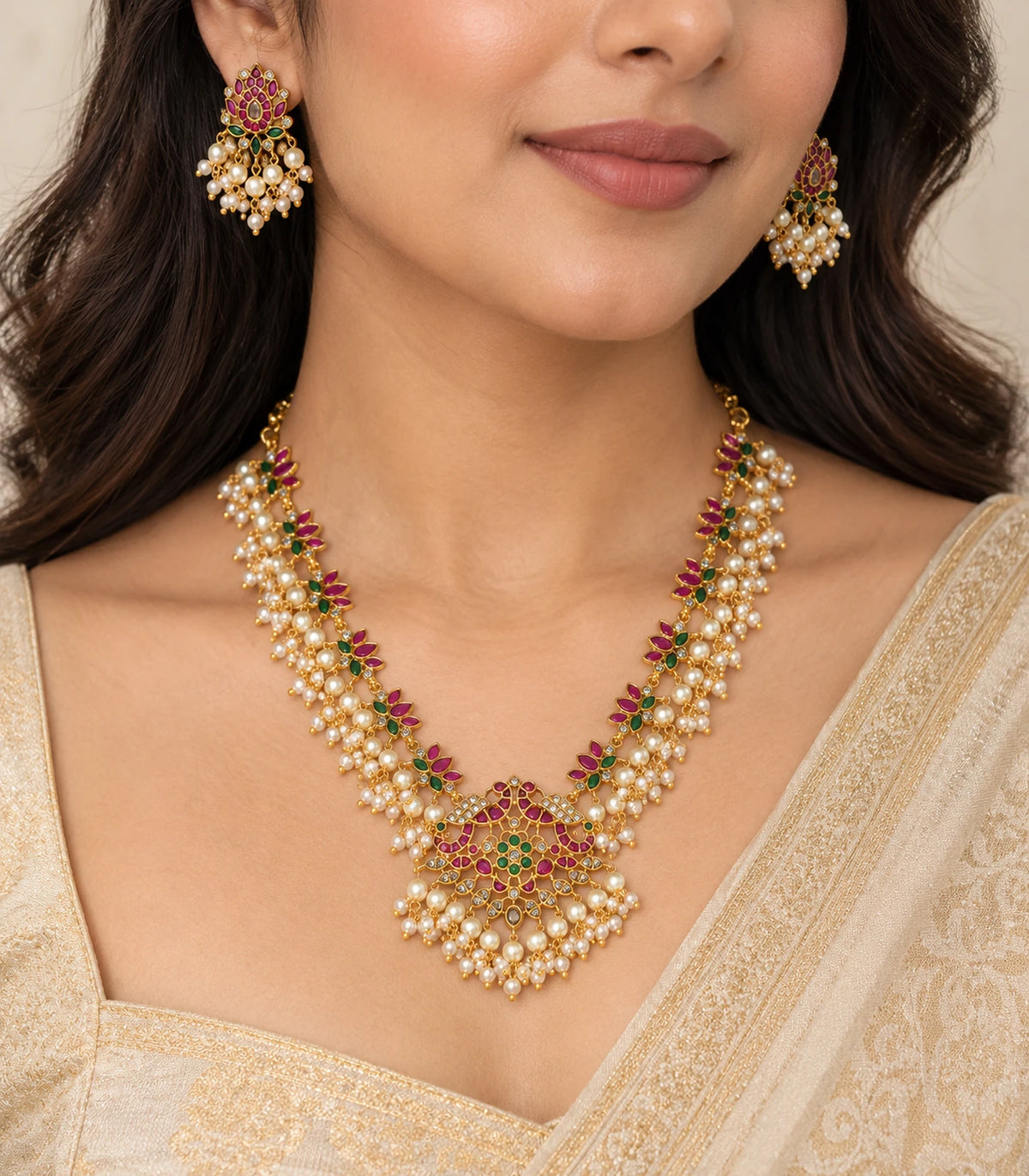 Gold Magenta Pearl Fringe Necklace Set worn with an ivory and gold outfit