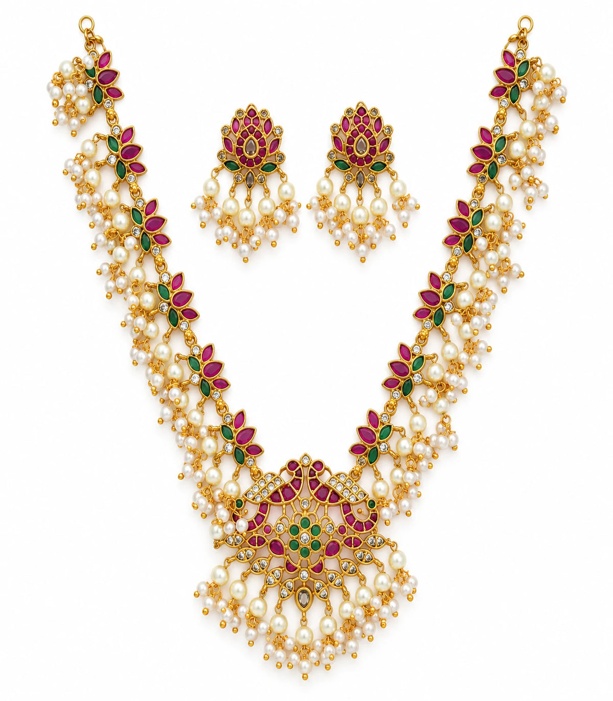 Gold Magenta Pearl Fringe Necklace Set with necklace and matching pair of earrings on white