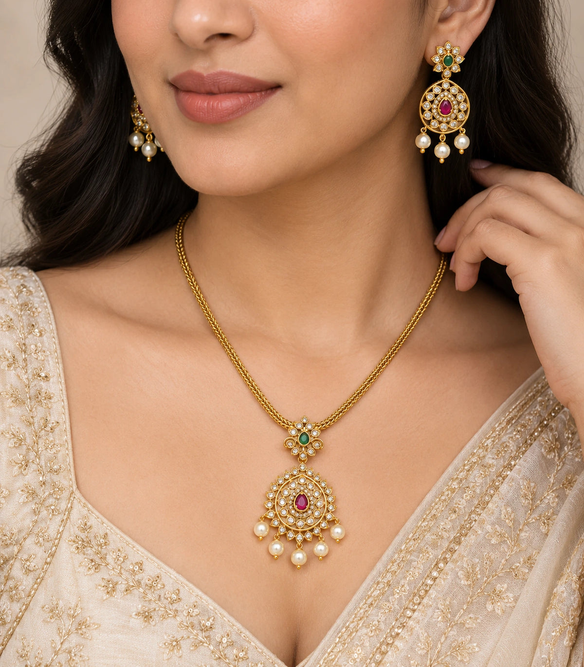Close view of the gold magenta pendant necklace set and matching earring worn