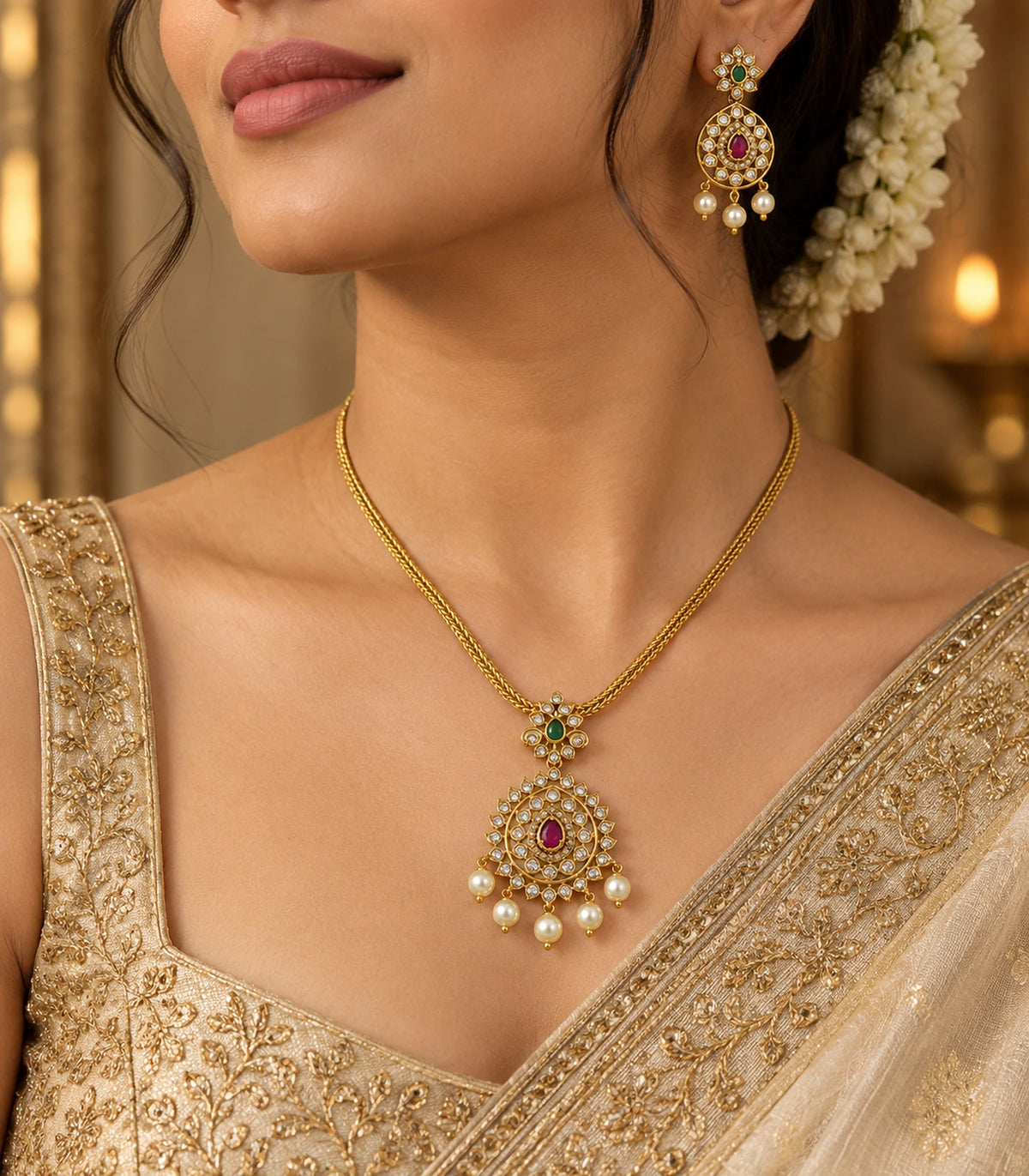 Angled editorial view of the gold magenta pearl round pendant necklace set worn