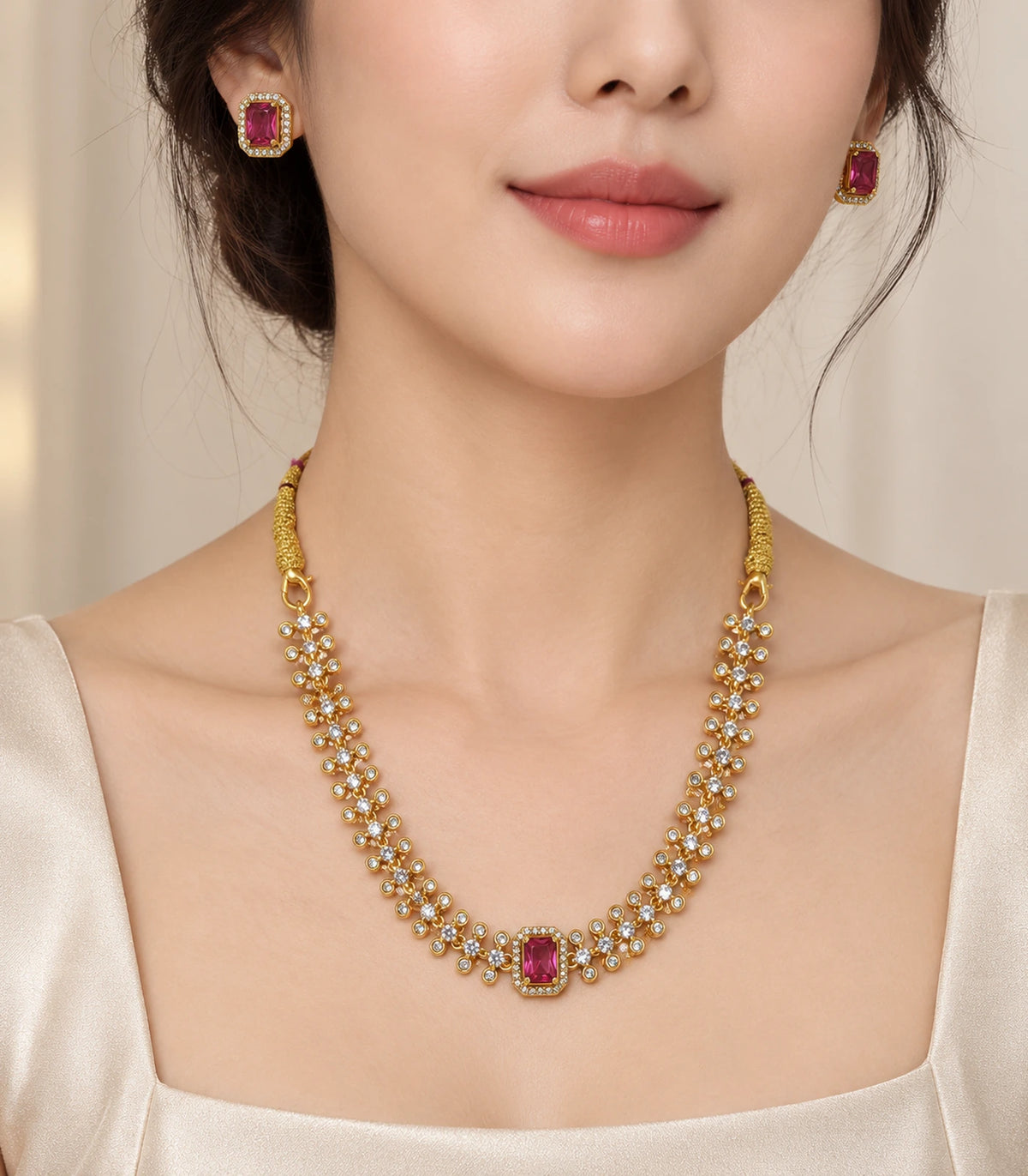 Gold-tone magenta crystal necklace set worn with matching magenta stud earrings