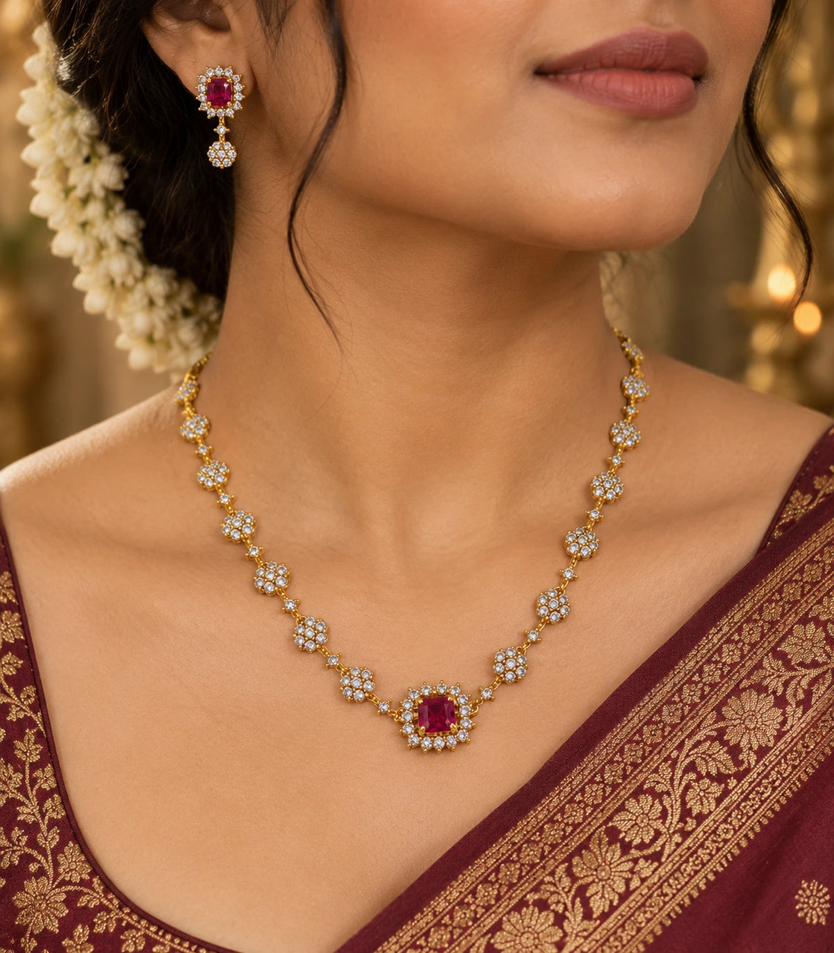 Gold magenta floral necklace set styled with a burgundy outfit