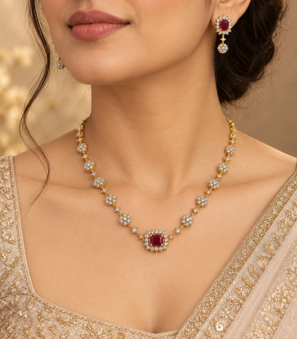 Gold magenta floral necklace set worn with an ivory outfit