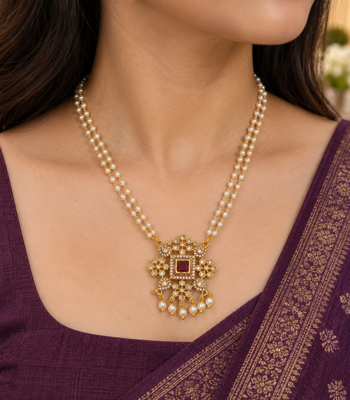 Close view of the magenta square pendant and white bead details on the Gold Magenta Square Kundan Double Pearl Necklace
