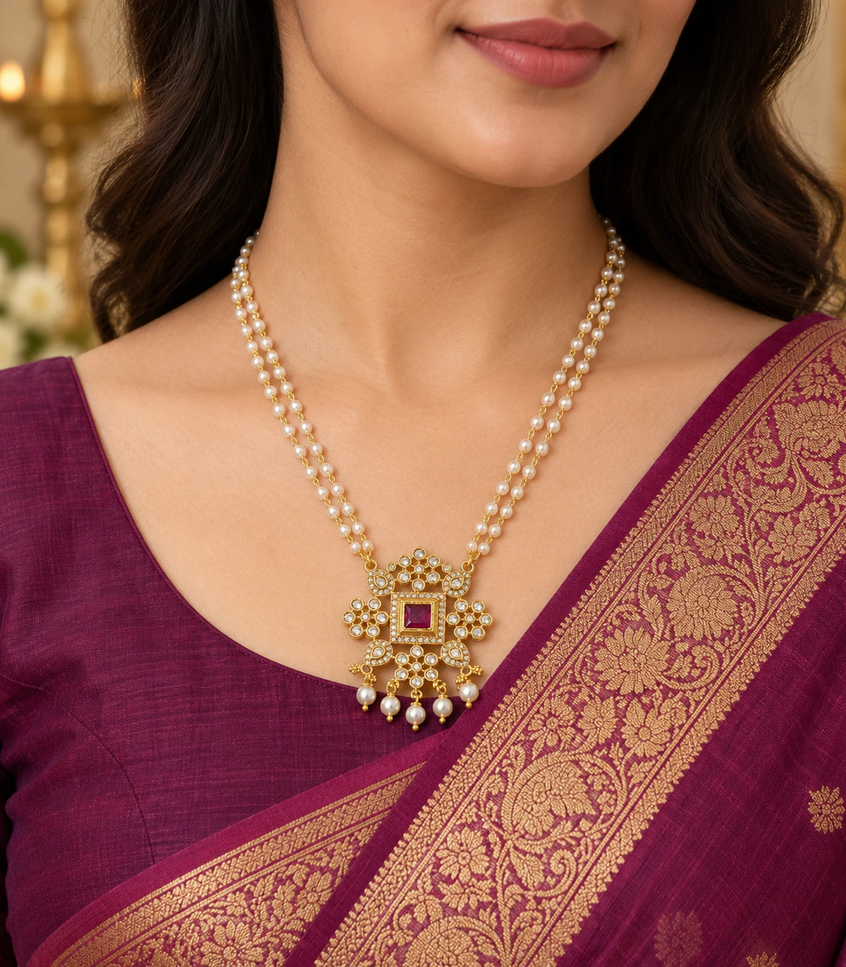 Gold Magenta Square Kundan Double Pearl Necklace worn with a magenta saree