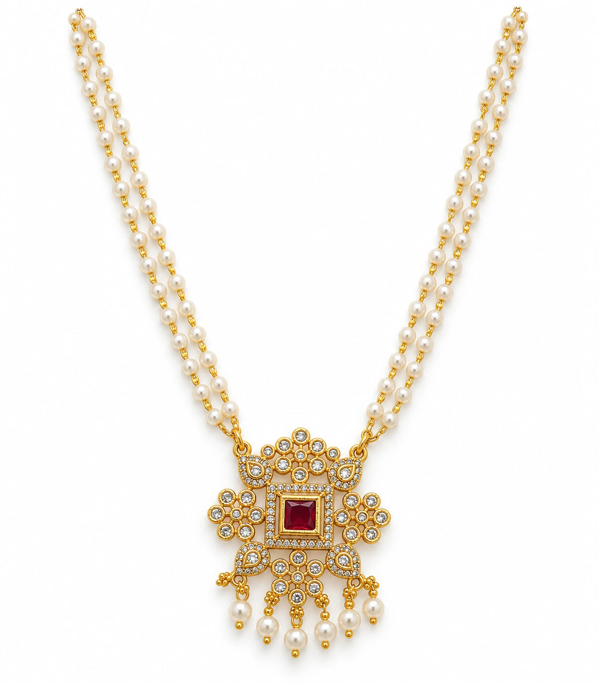 Gold Magenta Square Kundan Double Pearl Necklace on a white background