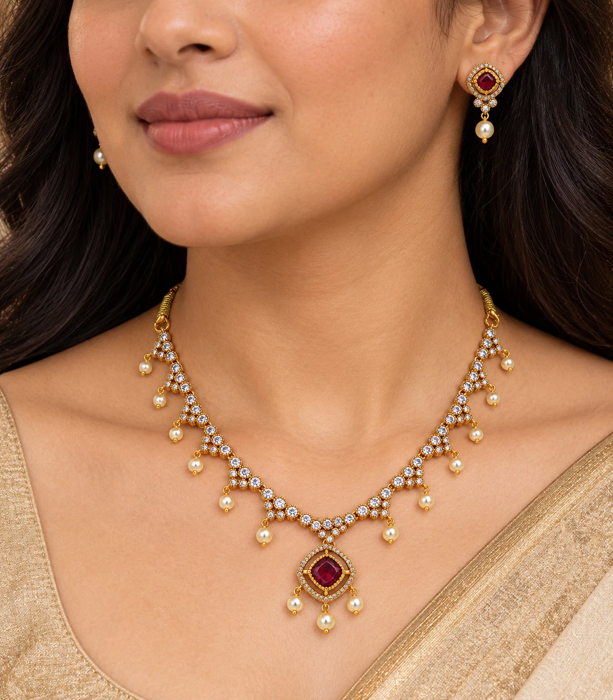 Close view of the magenta square pendant, pearl fringe and matching earring worn naturally