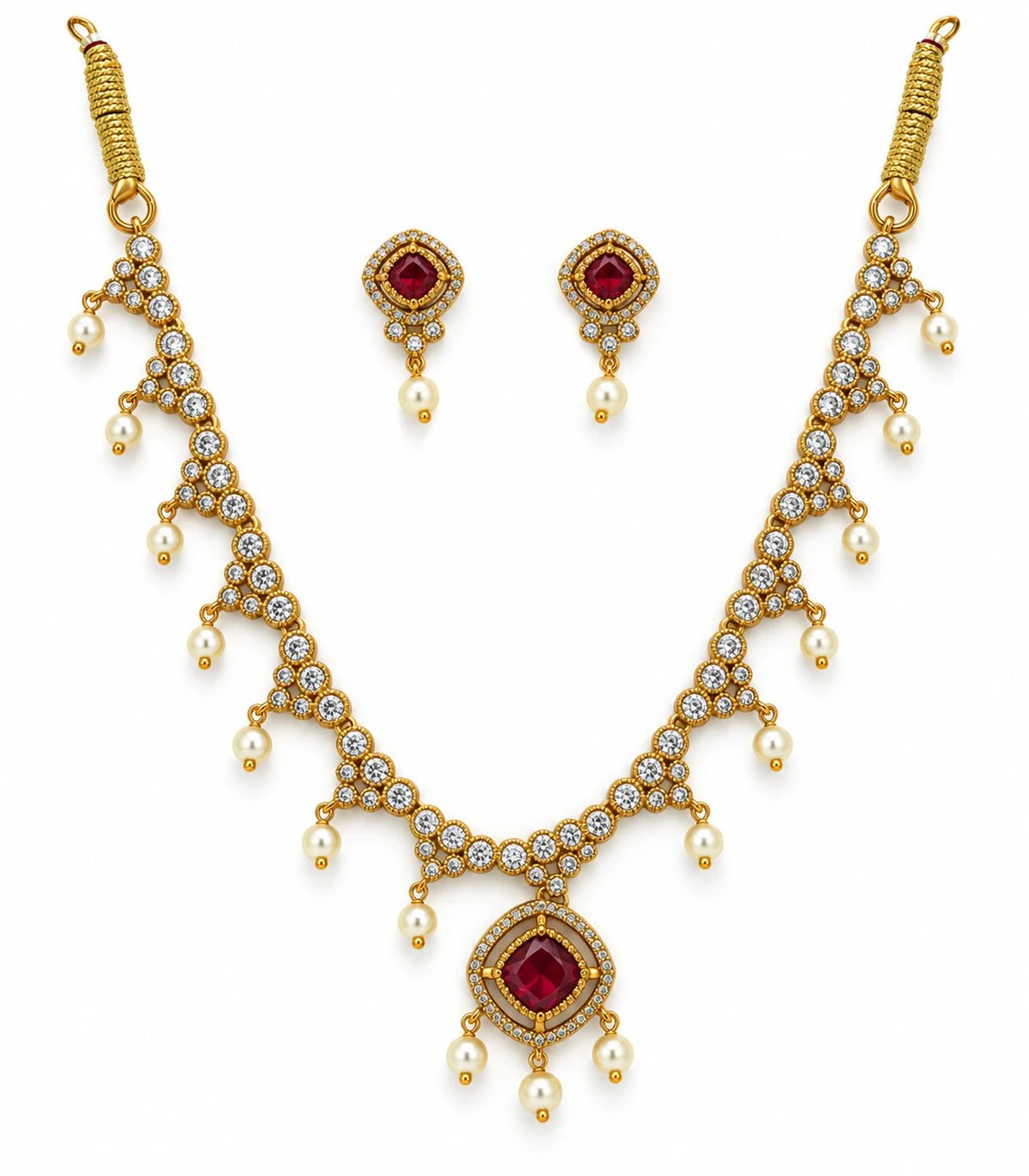 Gold-tone magenta square pearl fringe necklace with matching pair of earrings on white background