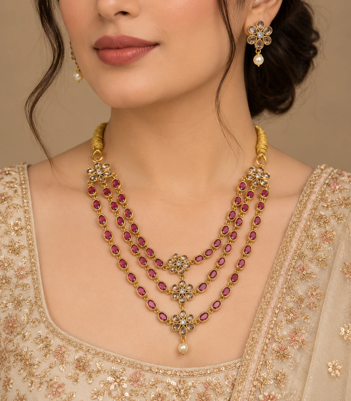 Gold-tone magenta triple-strand floral necklace set worn with an embroidered outfit