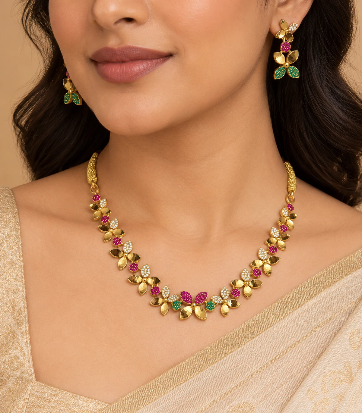 Gold Multicolor Butterfly Crystal Necklace Set worn in a three-quarter view