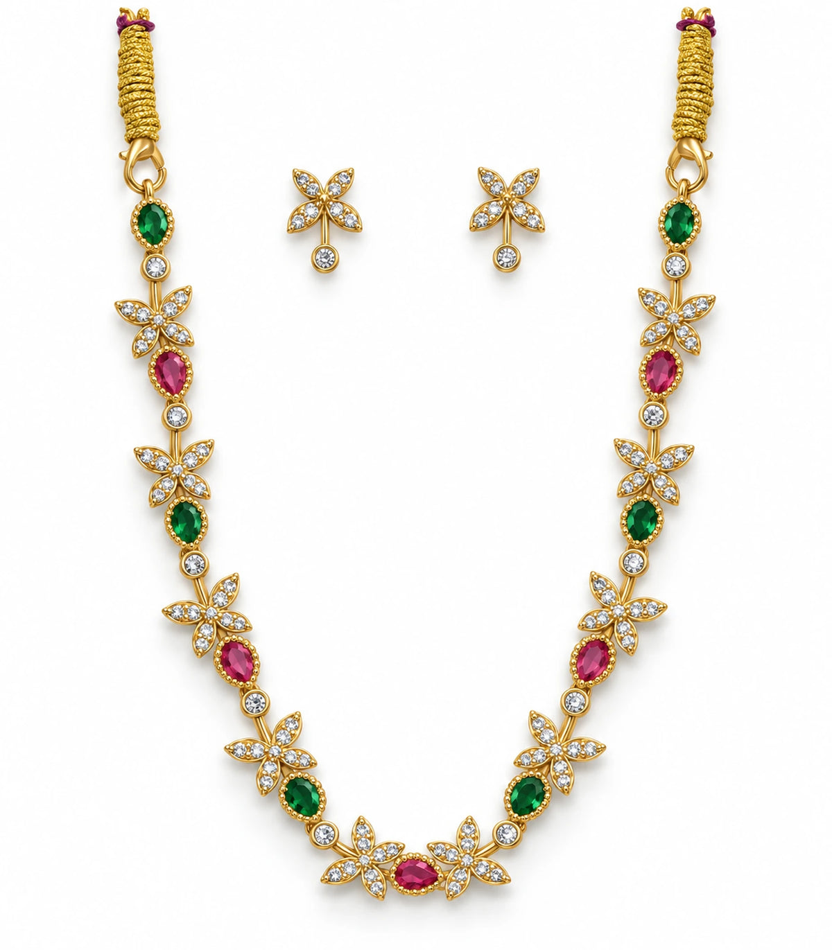 Gold multicolor delicate floral necklace set with matching pair of earrings on white background