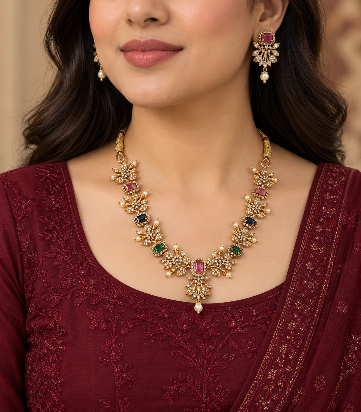 Gold-tone multicolor floral necklace set worn with a burgundy outfit