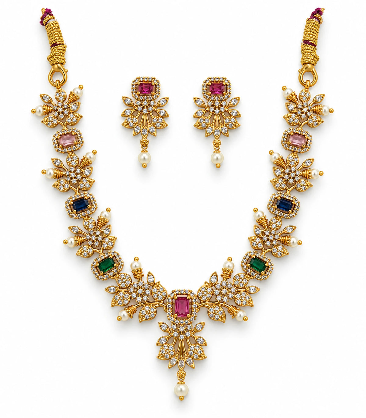 Gold-tone multicolor floral necklace and matching pearl-drop earring pair on white background