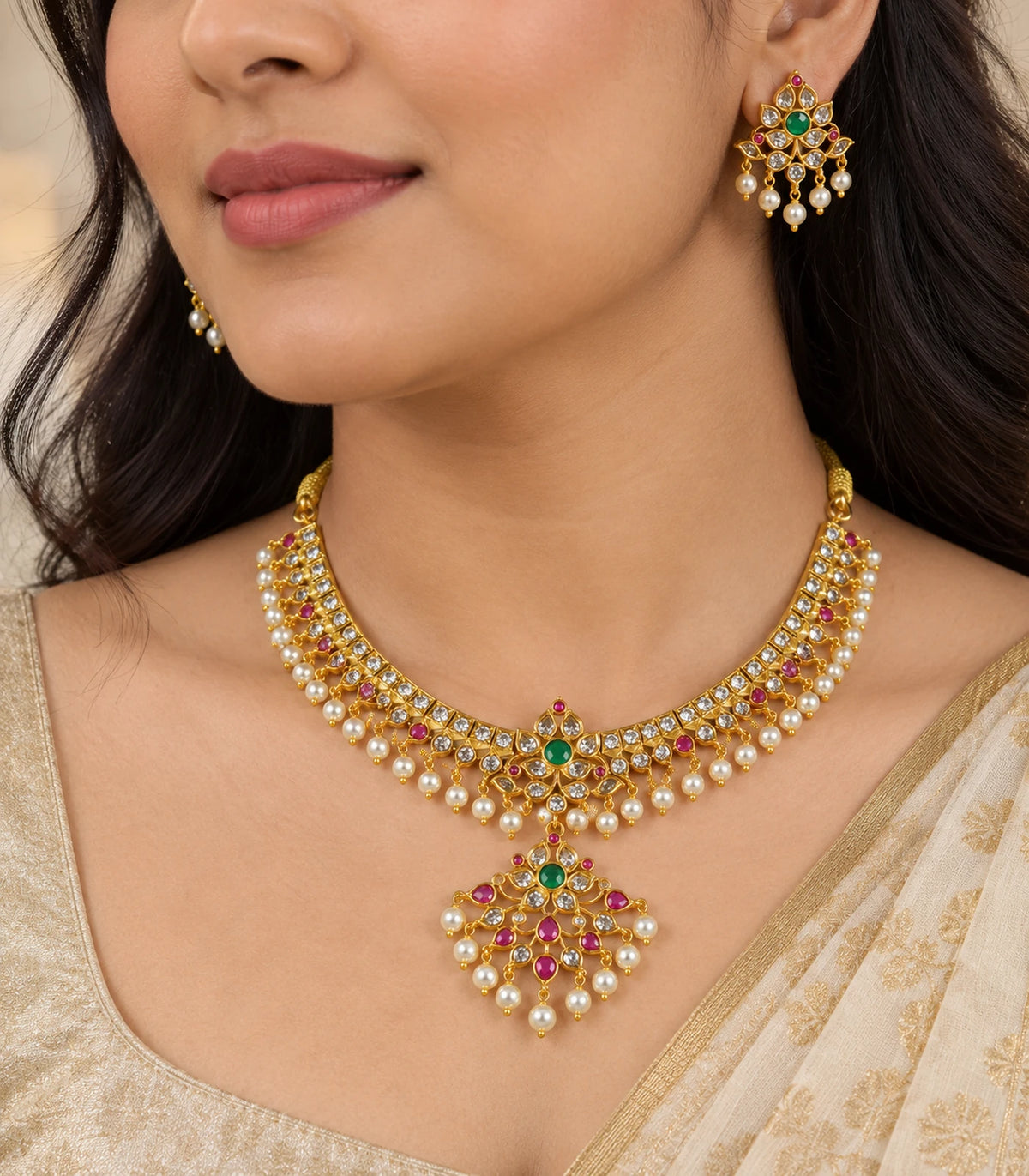 Close view of the multicolor floral necklace pendant and matching earring