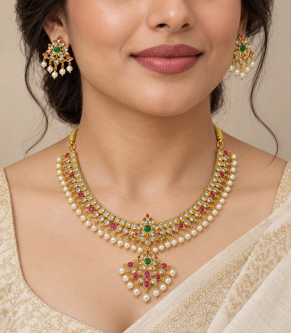 Gold multicolor floral pearl fringe necklace set worn with matching earrings
