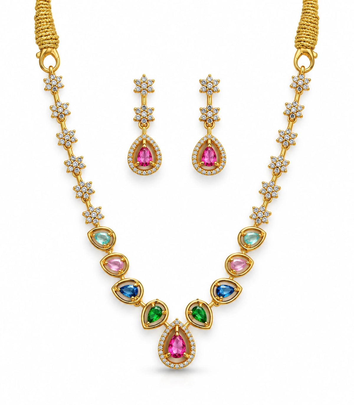 Gold-tone multicolour necklace with clear floral links and matching pink-drop earrings on white