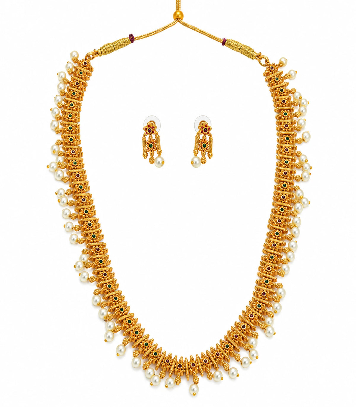 Gold multicolor pearl fringe necklace set with one necklace and two matching earrings on white
