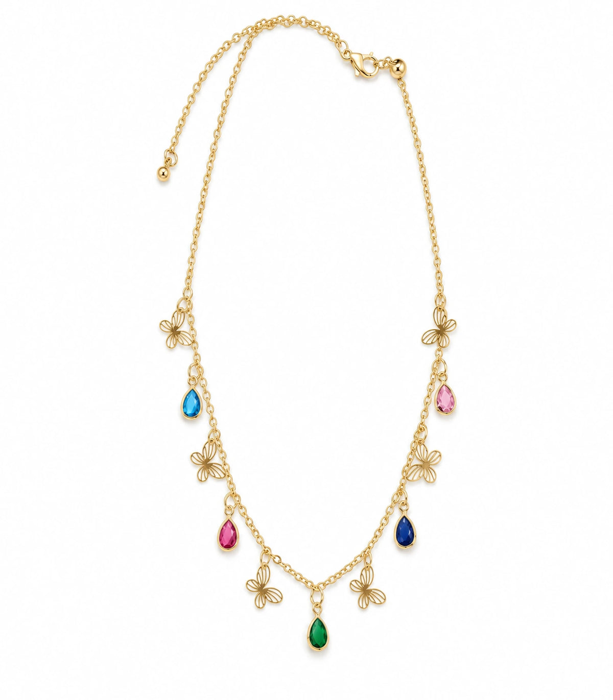 JIMIKI Gold Multicolor Teardrop Butterfly Charm Necklace - complete necklace on white background #color_gold