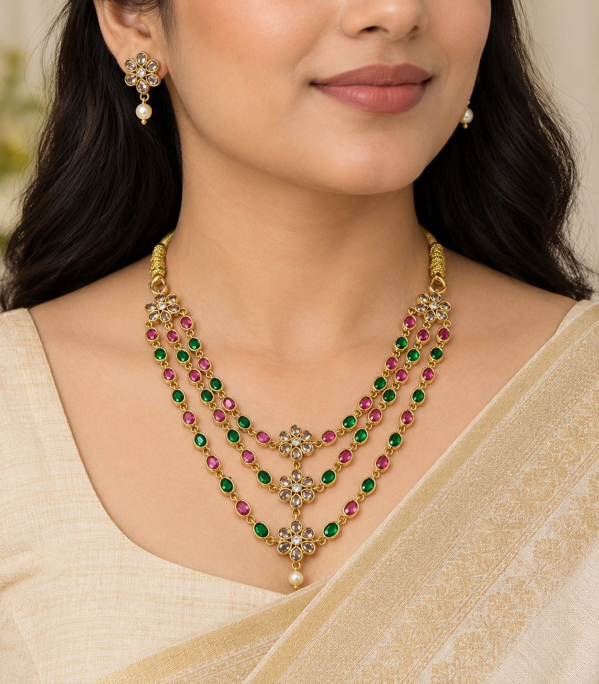 Gold-tone pink and green triple-strand floral necklace set worn with an ivory outfit