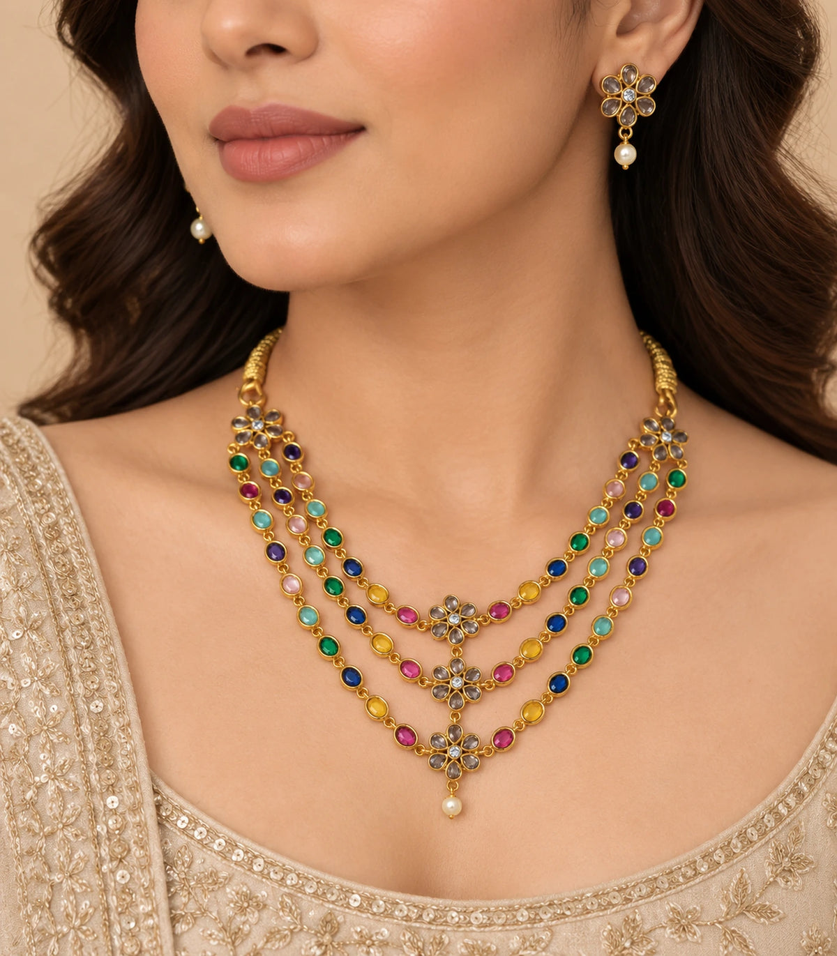 Gold-tone multicolor three-strand necklace set worn with a matching floral drop earring