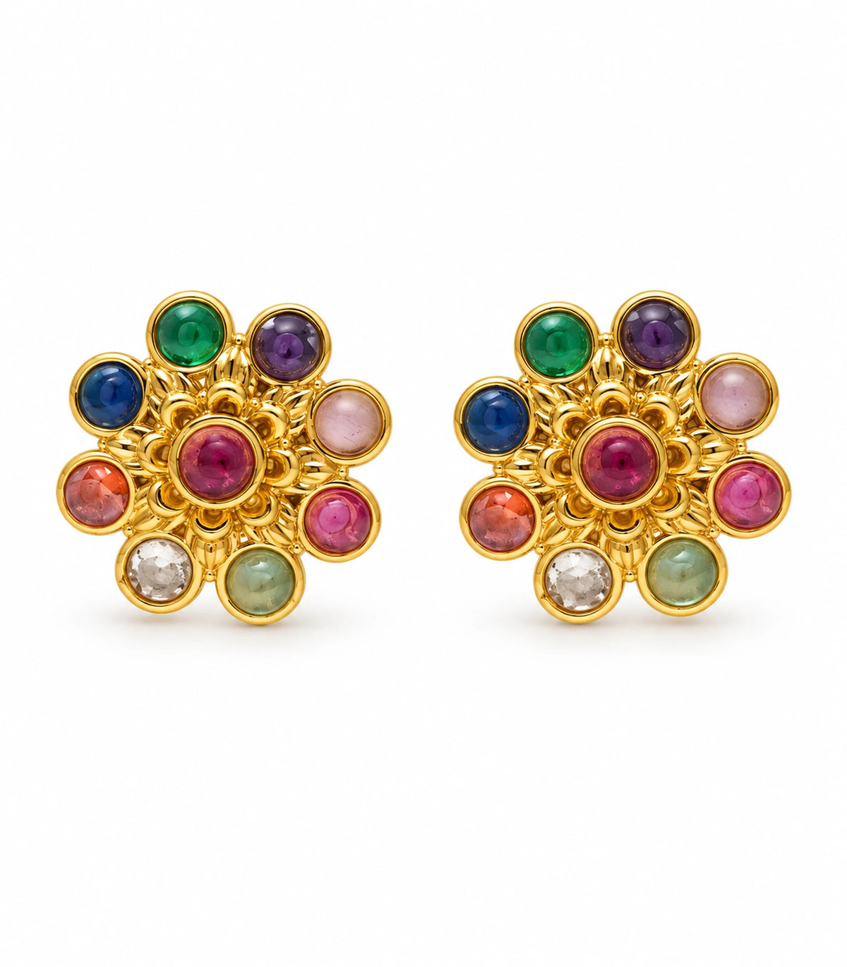 Gold-tone multicolour flower stud earrings, complete pair on white background