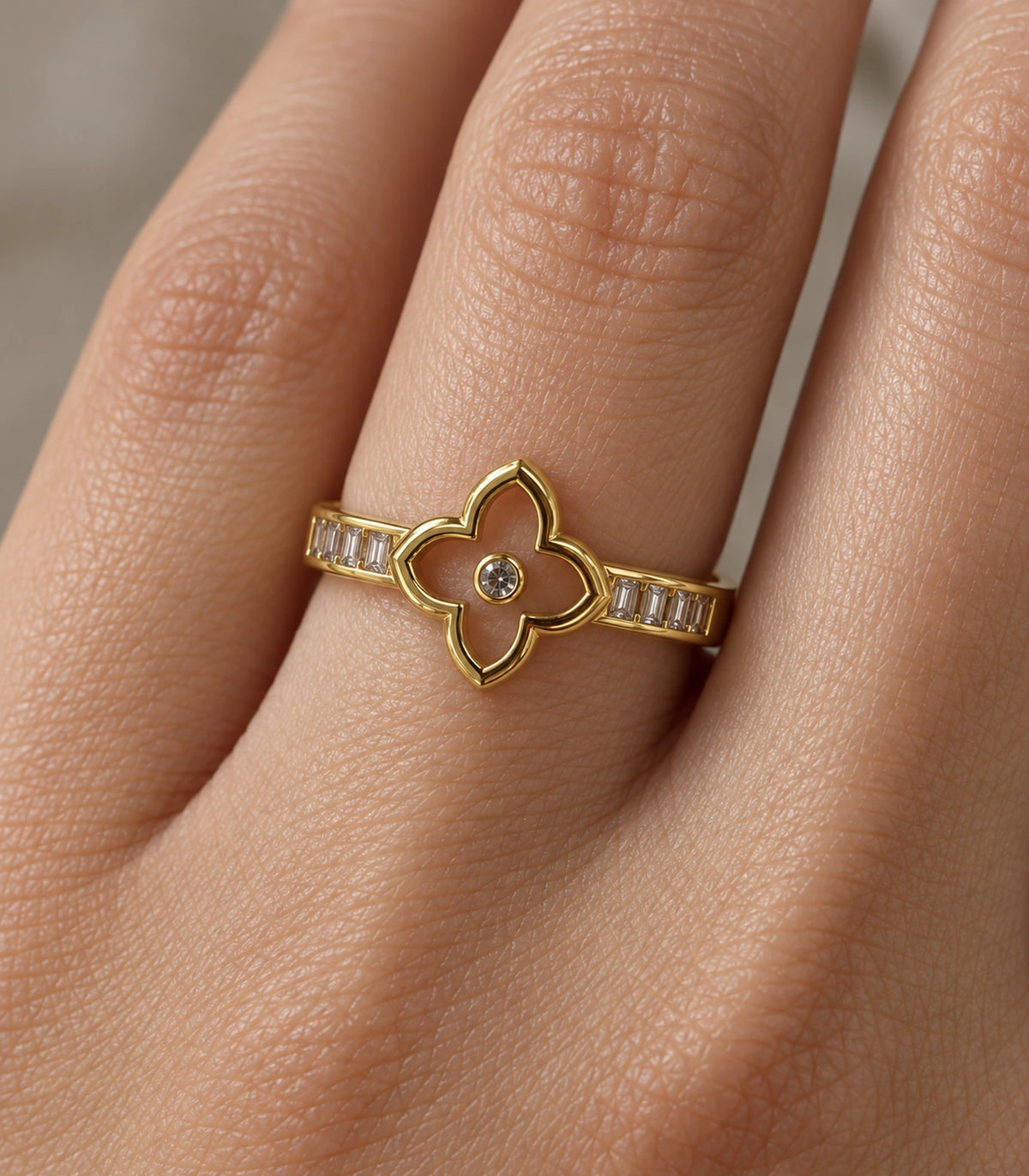 Gold Open Clover Baguette Crystal Ring — closeup view
