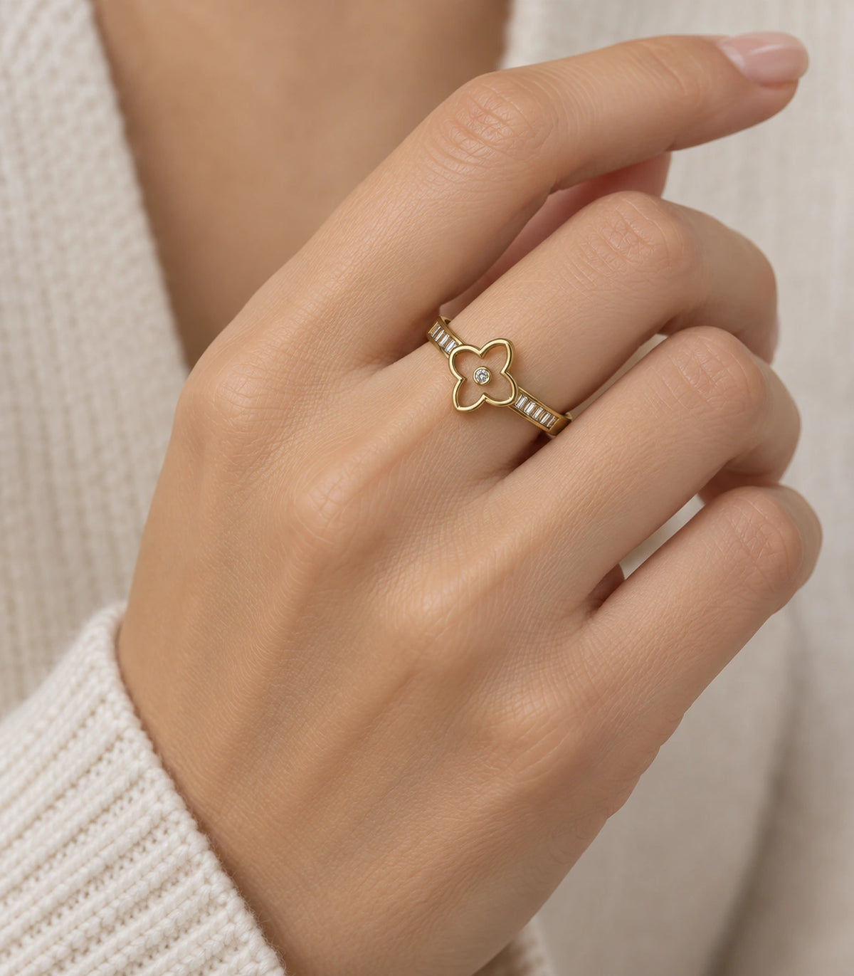 Gold Open Clover Baguette Crystal Ring — model view