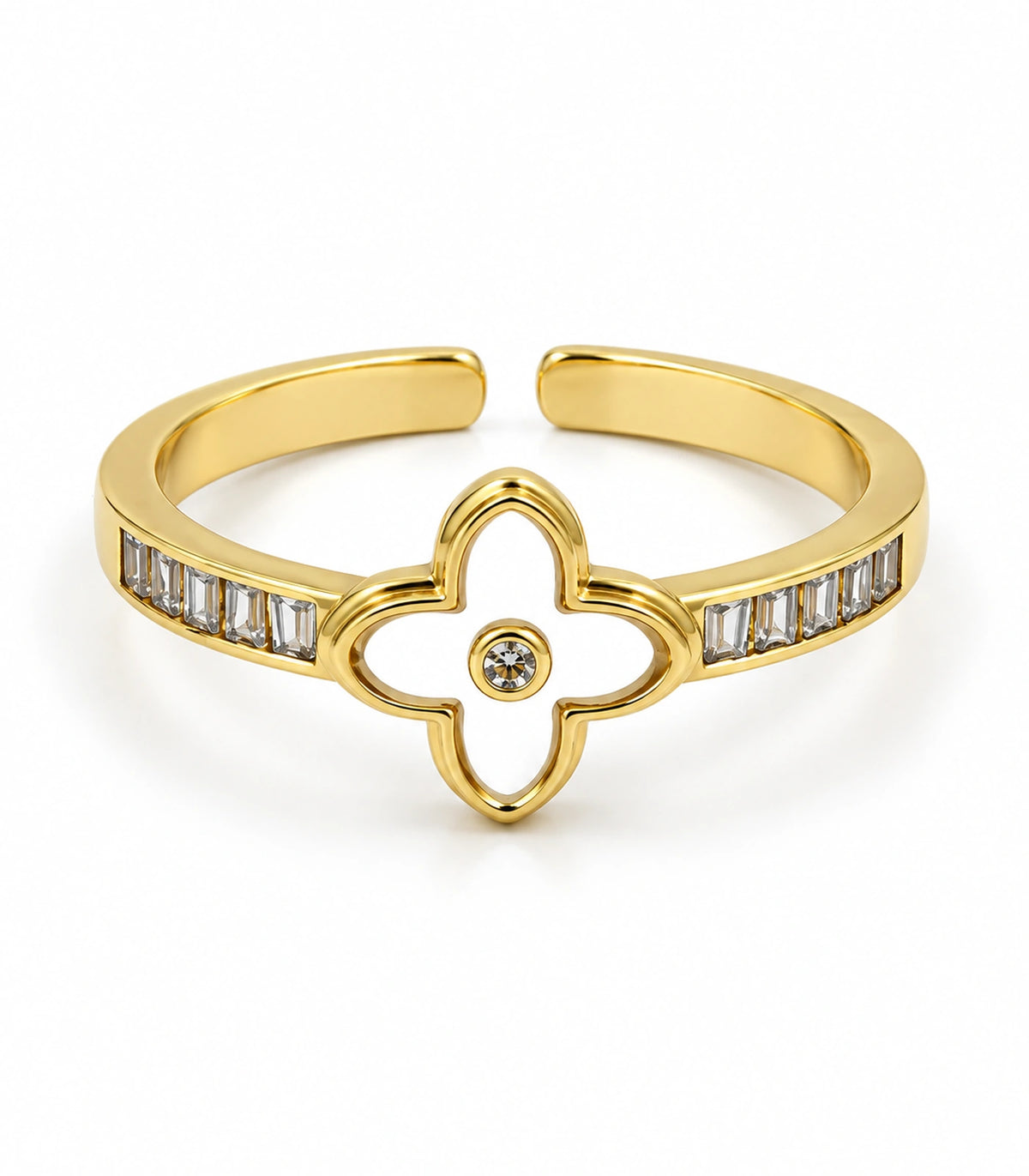 Gold Open Clover Baguette Crystal Ring — white background view