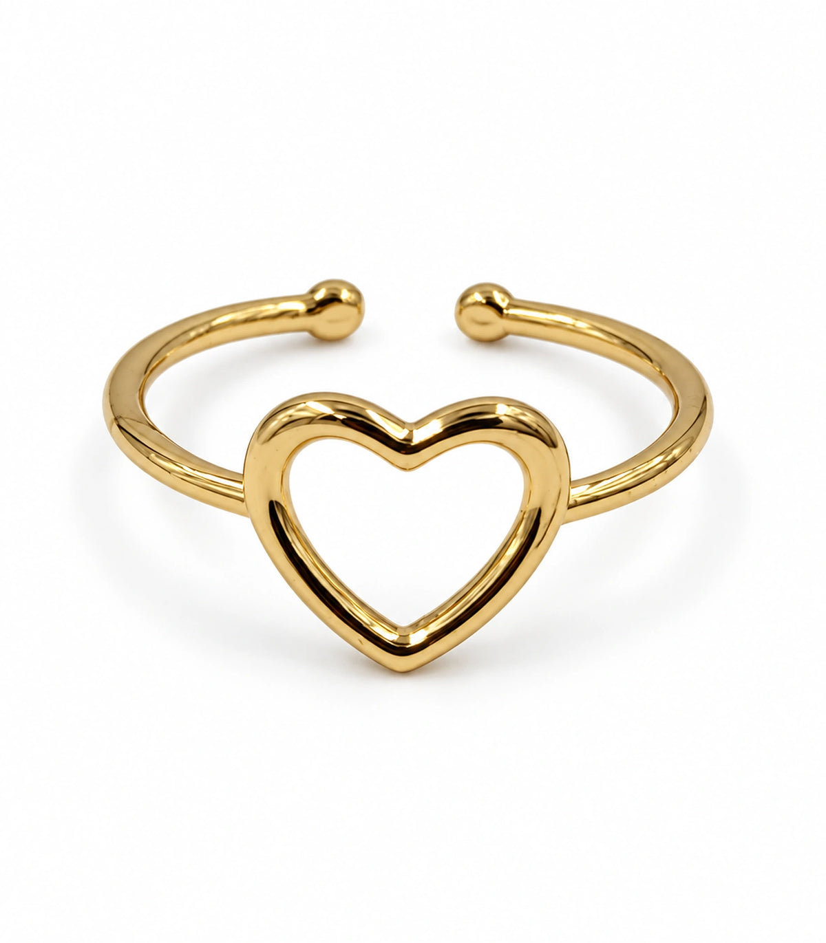 Gold-tone open heart ring with an open band and two rounded ends on white